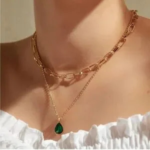 Gold 18k Gold Plated Cz Waterdrop 2pc Chain Necklace Set Gift Dainty Minimalist